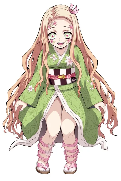 A female demon Slayer character with long hair, a cute flowery kimono and Japanese flip flops in the style of the demon Slayer anime, light brown hair, green eyes, green kimono, long fringe, serrated eyes 