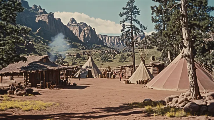 an Indian Reservation, 1950's super panavision 70 movie, 4k detailed, old movie, realism, ultra realistic, retro in color, grainy film, western, bokeh, rich and saturated colors, dramatic lighting