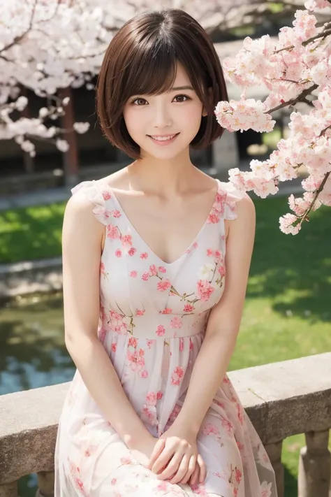  Japanese、 cute、 age woman 、Short Hair、Baby Face、smile、 looking at camera、 dress、Sheer pattern、clavicle、 thighs、Cherry blossom trees、Spectacular views、 Sunny