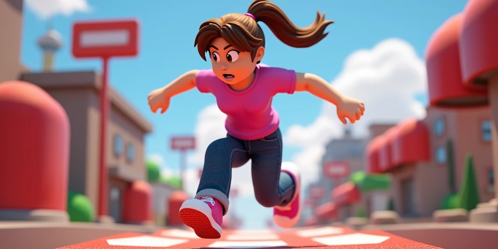 A not fat roblox girl what have a brown ponytail, pink T-shirt and dark blue jeans and she beating the obstacles


