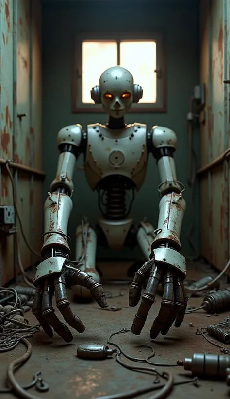 Photorealistic image. First-person perspective: visible mechanical hands of the robot, covered in rust, with wires and exposed metal parts. The robot is in a small, confined space. The room is dark, with only faint light coming through dusty windows. In fr...