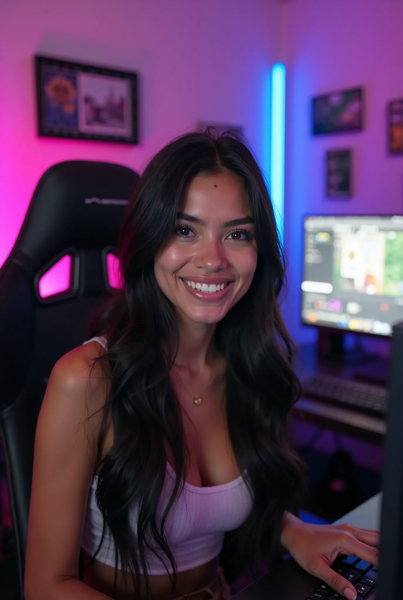 A realistic e-girl YouTuber, aged 25 to 27, sitting directly in front of a webcam in a gaming room with a gaming setup. She has long black hair, a Latina (Brazilian) appearance, not Asian, with natural features. She is facing the camera, looking into the w...