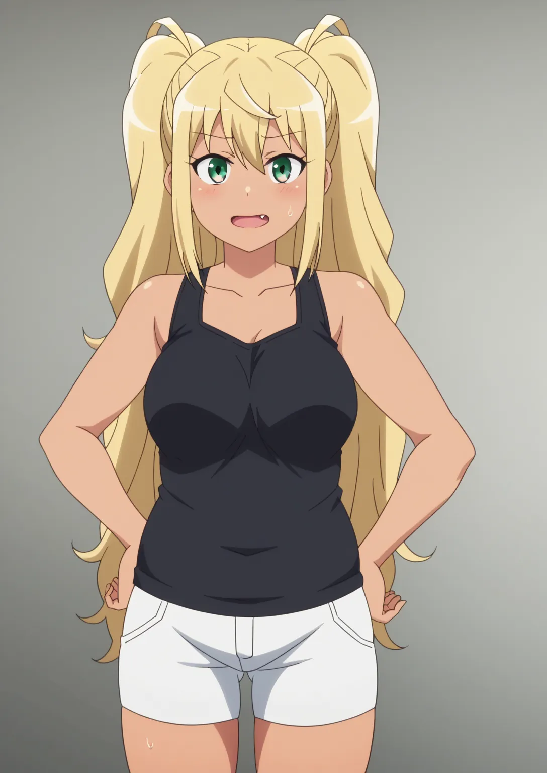  score_9,  score_8_arriba,  score_7_arriba,  score_6_arriba,  score_5_arriba,  score_4_arriba, BREAK,   source  _animated,Hibiki Sakura anime coloring grease ,  long hair, blond hair, hair between the eyes,  twin tails,  green eyes , fang, piel oscura, dar...