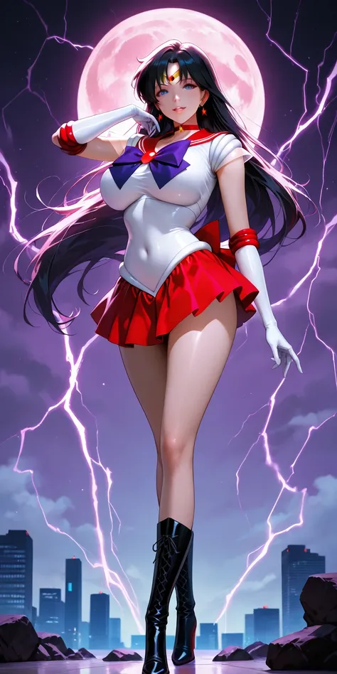 Masterpiece, newest, high contrast, very aesthetic, vibrant, mature female, sailor mars\(sailor mars\), sailor senshi uniform (sailor senshi uniform shirt, sailor senshi uniform gauntlets, sailor senshi uniform skirt, sailor senshi uniform high boots), big...