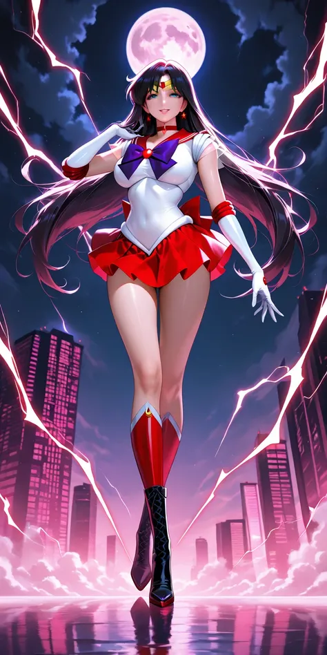 Masterpiece, newest, high contrast, very aesthetic, vibrant, mature female, sailor mars\(sailor mars\), sailor senshi uniform (sailor senshi uniform shirt, sailor senshi uniform gauntlets, sailor senshi uniform skirt, sailor senshi uniform high boots), big...