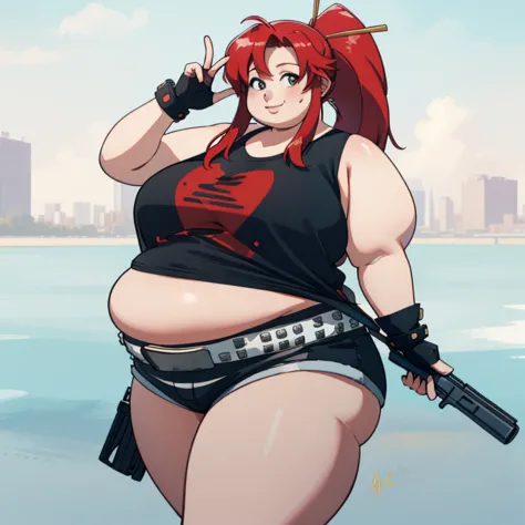 1 girl(big fat body),(obese figure:1.5), beautiful, sexy, red hair,  cowboy shot , Alone , Review,  evil smile ,  holding a weapon , pistol, pistol,  ponytail ,  sleeveless t-shirt, fingerless gloves,  denim shorts, funda,  belt,  newest , (clothes that fi...