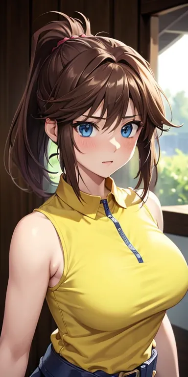  1 female, high definition,High resolution,  ultra-realistic  ,8K, bbmazaki ,  ponytail ,  hair cap, blue eyes, yellow shirt,collar,   Sleeveless , bracelet,  belt, falda rosa,  big breasts,European,sexy, Close-up of the upper body,  photographed from the ...