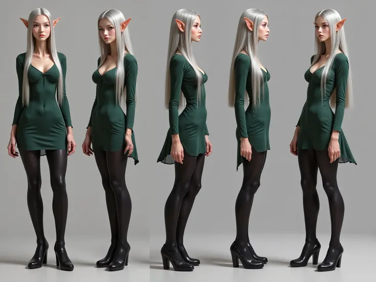 5 poses, The same very tall elf woman, long gray and straight hair ,  tall with extended neck and legs,  standing full-length image, it's elongated,  broad shoulders, pale skin, slightly muscular , stands straight, legs shoulder width apart in five poses, ...