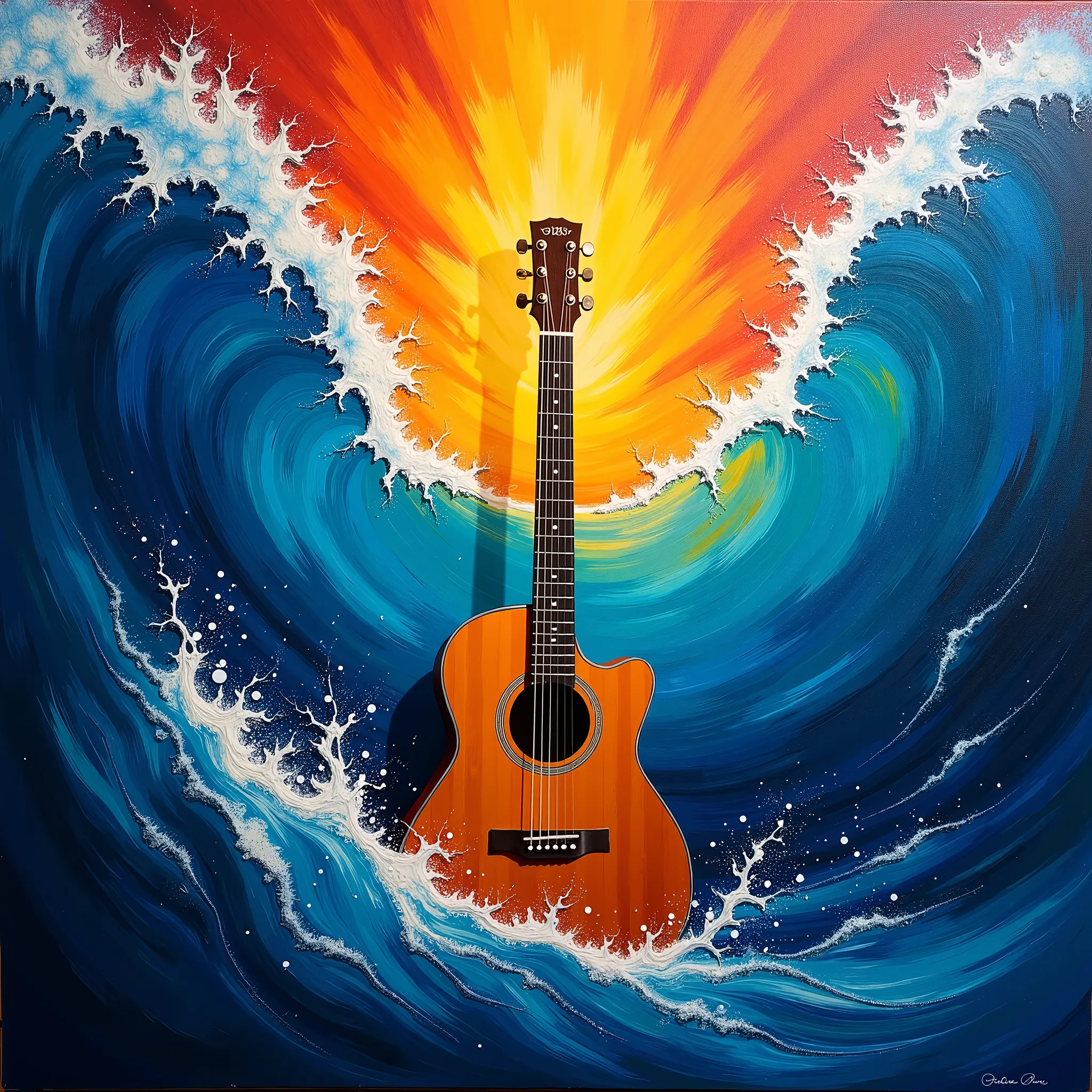 (photorealism:1.2), A vibrant and abstract painting featuring A accoustic guitar in ocean. The background is an explosion of bold, textured colors, with fiery Blue, deep blue, and dark blue together in a dramatic and expressive manner. The brushstrokes are...