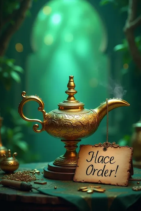 Make the genie lamp with a greenish background with a sign in your hand written place your order 