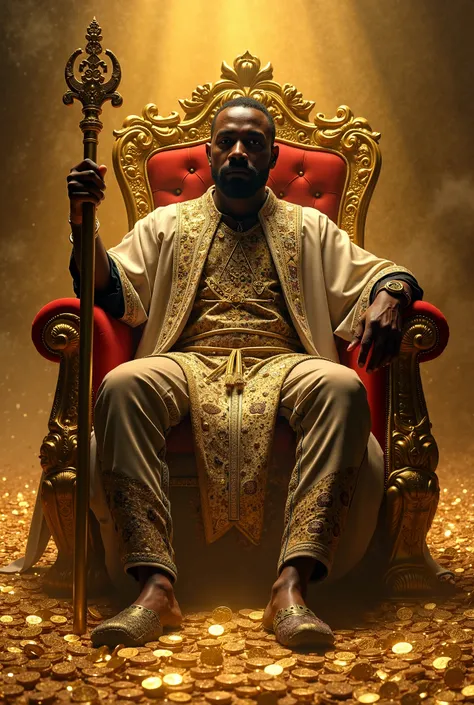 An African man sitting on a golden chair and on top of many gold coins, wearing clothes with the Freemason symbol, holding a staff in his right hand and the Illuminati symbol in his left hand.