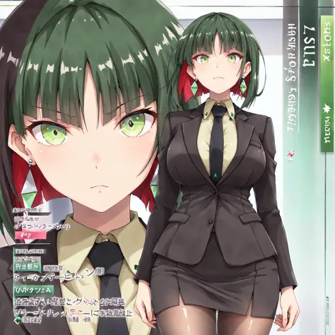 masterpiece, (((( best quality )))),1 girl, Japanese Anime ,character profilele,shiny skin, wearing a black suit,skirt suit, black tie , dark hair, short bob hair,The inner color of the hair is green, green eyes,isosceles triangle earrings, black tights,la...