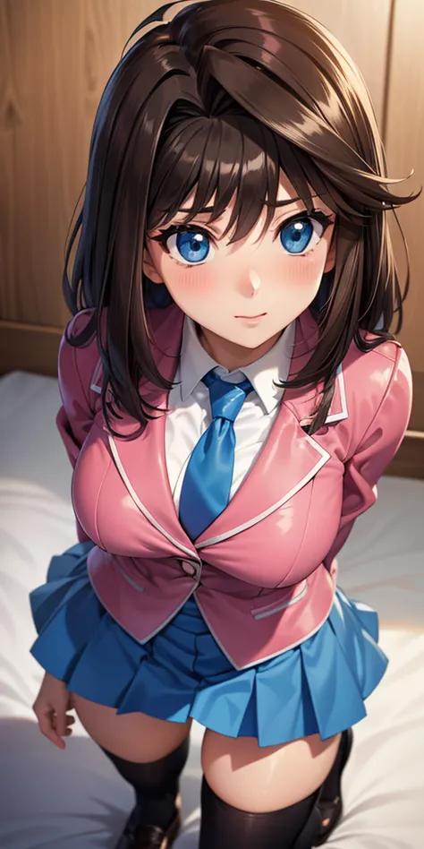      1 female,     high definition,    High resolution ,          ultra-realistic          ,8K, aamazaki, ( capillary antenna    :1.2),  blue tie,blue eyes, (     pink jacket), blazer,     Long Sleeves Leather   , blue skirt,      Skinny skirt     ,      m...