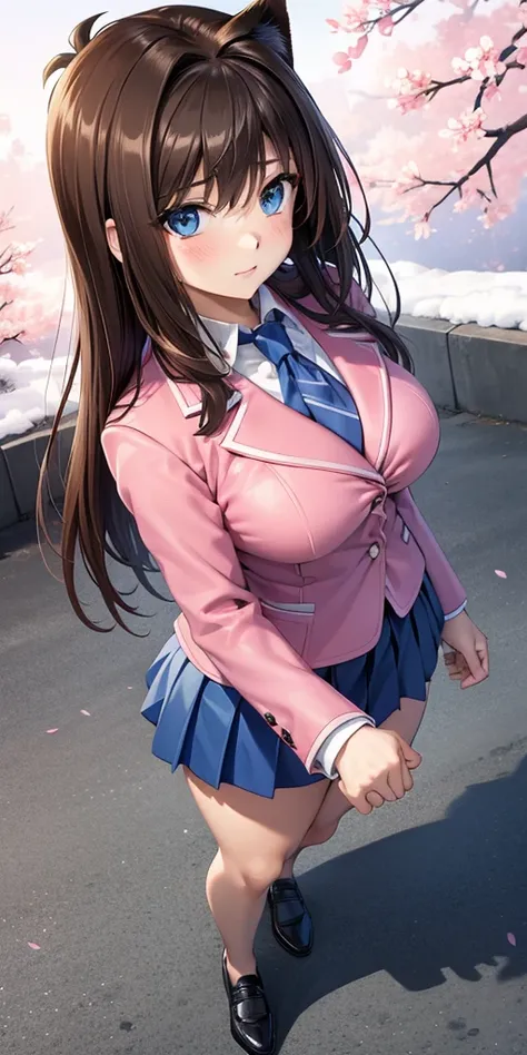      1 female,     high definition,    High resolution ,          ultra-realistic          ,8K, aamazaki, ( capillary antenna    :1.2),  blue tie,blue eyes, (     pink jacket), blazer,     Long Sleeves Leather   , blue skirt,      Skinny skirt     ,      m...