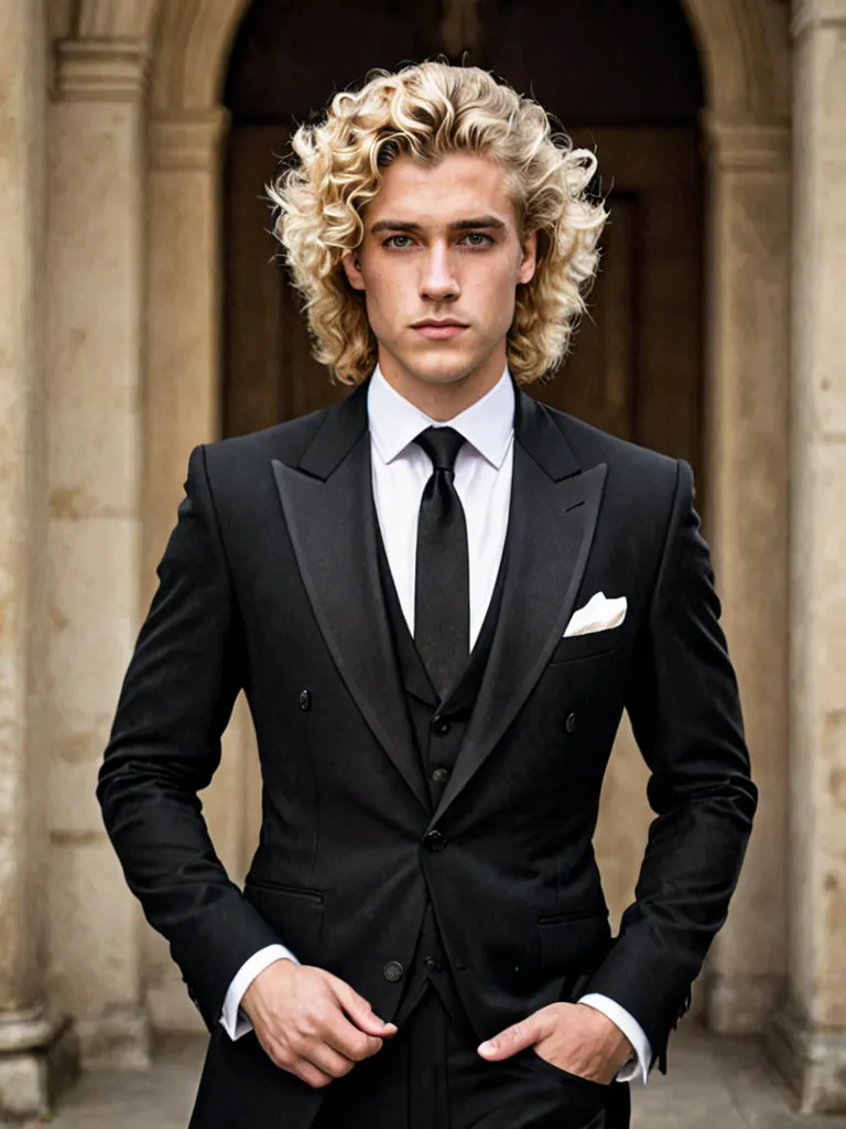 Portrait of young blond man, beautiful,  big hair, Angelic wearing antique black suit, Monarch suit ,  he is facing the camera, with the arms down, The suit is black, suit with white inner part and black tie 