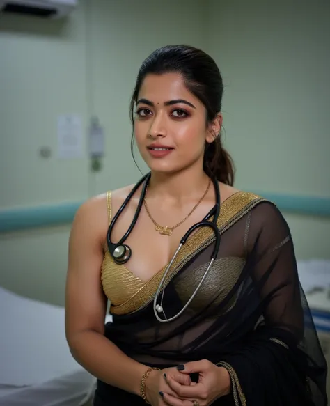  photo of 30 years old busty a in hospital, hourglass figure, swooping breasts, deep cleavage, curvy, wearing stethoscope , black and gold saree, seductive eyes, sultry, look at viewer lusciously, subtle smile, red lips, ponytail, necklace, 4K, HD