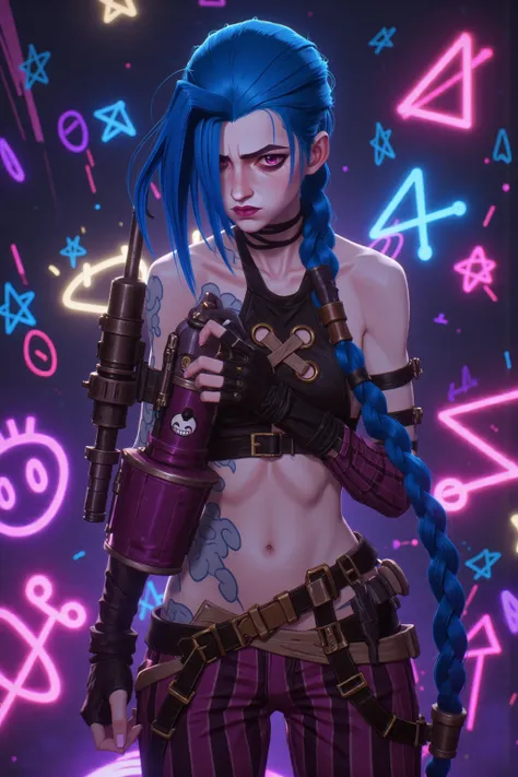 A highly stylized anime-inspired digital painting of a cyberpunk-styled female character with striking blue braided hair. She has an intense, mischievous expression, glowing eyes, and a confident smirk, exuding a rebellious and unpredictable energy. Her pu...