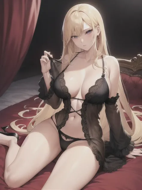 sexy woman, exotic, semi-realistic, hentai body, blond hair, breasts, open deep-v-neck shirt, lace sleepwear,  lace black panties, legs,