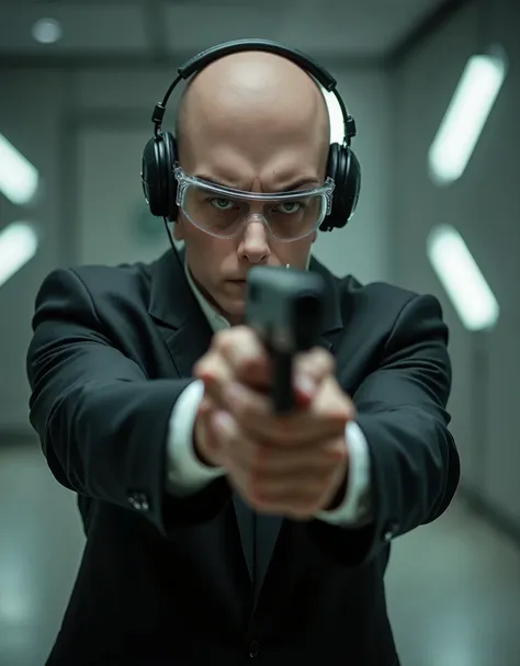 masterpiece, best quality, high res, 8k, solo, male focus, arafed man in a suit and tie inside a futuristic looking shooting modern range, wearing ear protectors and transparent googles, holding and aiming a Beretta 92 pistol with both hands, looking away,...