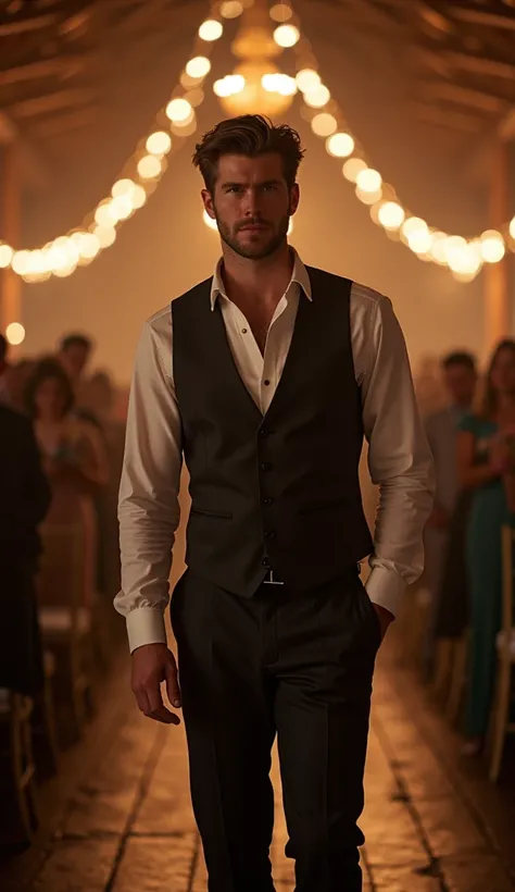 handsome male like a Liam Hemsworth wearing a wedding clothes, with a rings detailed walking in a barn at night wedding with a crowd of people hiquality, with a rings, hazel eyes, hyper-realistic, speaking Realism, Canon, Nikon, 85mm, HD, 4K, 8k Wedding cl...