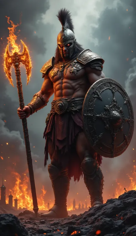 an Grecian god named Ares with fire a axe and shield, Ares use a helmet and red eyes
