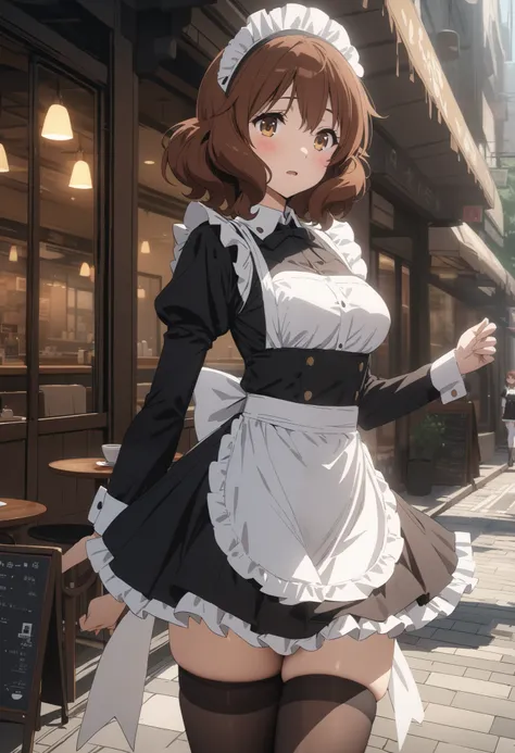 masterpiece, best quality, ultra detailed, highres,4k, 1girl, solo, oumaekumiko, brown hair, brown eyes, short hair, city street, maid, maid apron, thigh highs, blush, cafe