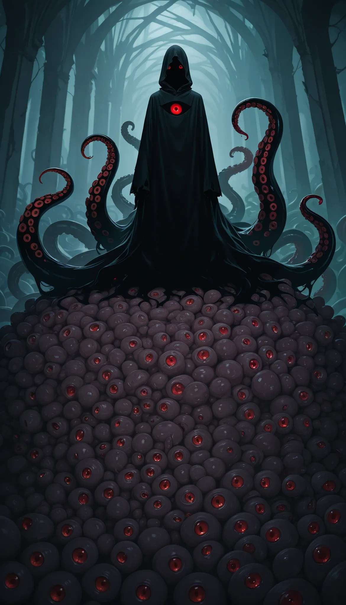  This is a guy who can't even see his face.,  Just a black shadow ,  with a pair of giant red eyes ,  Surrounded by something that looks like tentacles .. Mysterious and grand .