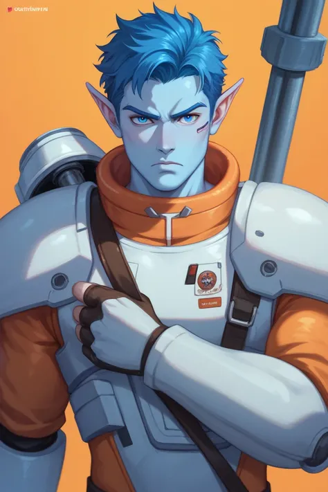 (male focus) (alien man) (alone) masculine gruff blue alien with soft blue skin, pointed ears, blue eyes. serious expression. rusty spaceship wreckage, futuristic mining planet. tough, strong, rebel. (masculine) (heroic) rebel hero. rescue mission. glam ro...