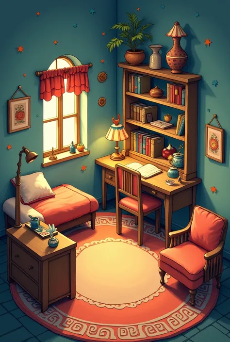 Illustration from a fairy tale . a small room for a  from an old Russian fairy tale.  bed,  desk, chair, armchair, lamp on the table, bookshelf, carpet.  cartoon style.