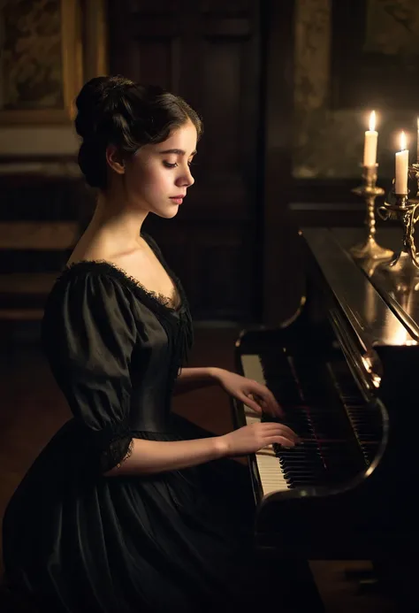 A young woman solo in a long, elegant late 19th-century black dress is playing the piano in a dimly lit room. Her delicate fingers gracefully touch the keys, her deep, thoughtful eyes are filled with melancholy. Her wavy dark hair is loosely tied back, wit...