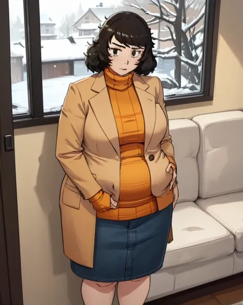 ( masterpiece,  the best quality :1.2),  balsamic, sadayokawakami  coat  , 1 girl (big fat body), Alone ,  breasts, skirt,  jacket, if, pencil skirt, socks, sweater,   coat  , turtleneck sweater, ribbed sweater, brown  jacket, turtleneck sweater sweater, b...