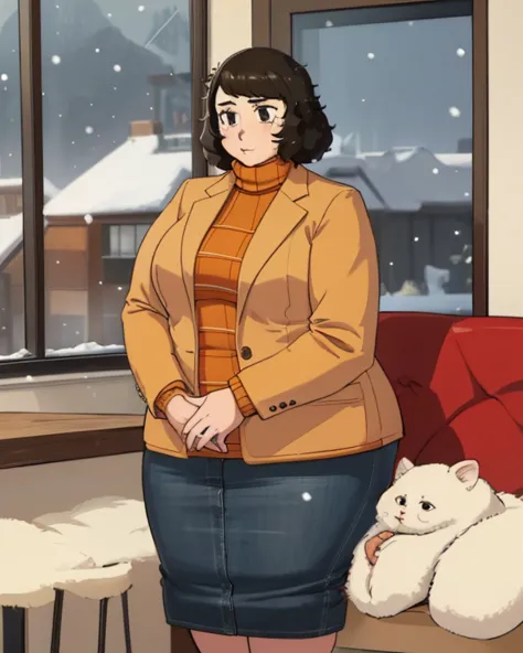 ( masterpiece,  the best quality :1.2),  balsamic, sadayokawakami  coat  , 1 girl (big fat body), Alone ,  breasts, skirt,  jacket, if, pencil skirt, socks, sweater,   coat  , turtleneck sweater, ribbed sweater, brown  jacket, turtleneck sweater sweater, b...