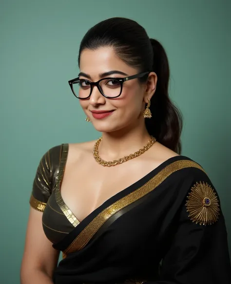  photo of 30 years old busty a in hospital, hourglass figure, swooping breasts, deep cleavage, curvy, wearing glasses , black and gold saree, seductive eyes, sultry, look at viewer lusciously, subtle smile, red lips, ponytail, necklace, 4K, HD,picture till...