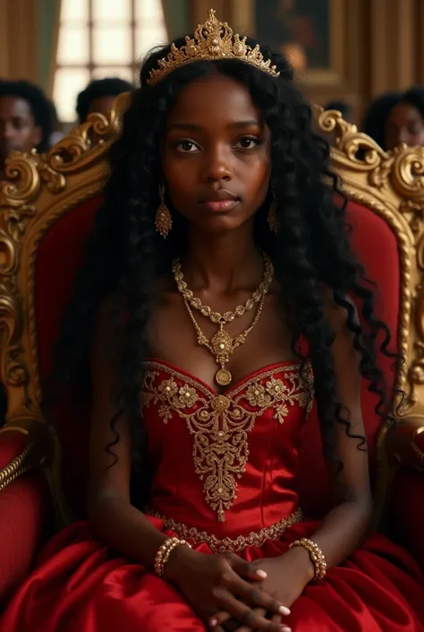 A black girl , dark skin color, ,with gold royal antique clothes,big earing,neckles and red royal dress,long frizzy black hair sitting on a royal chair with people in the room,she is the princess,8k quality,(masterpiece)