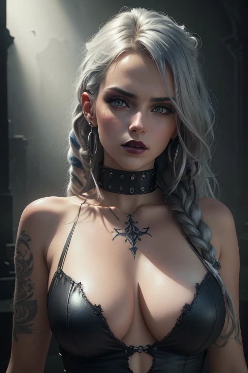 Gothic woman, dreadlocked hair, half of her hair is blue and the other half is silver, with a piercing in her mouth, tight clothing, a shirt with an open and sexy neckline, her breasts with piercings can be seen, she has a tattoo on her arms, dark lips, hi...