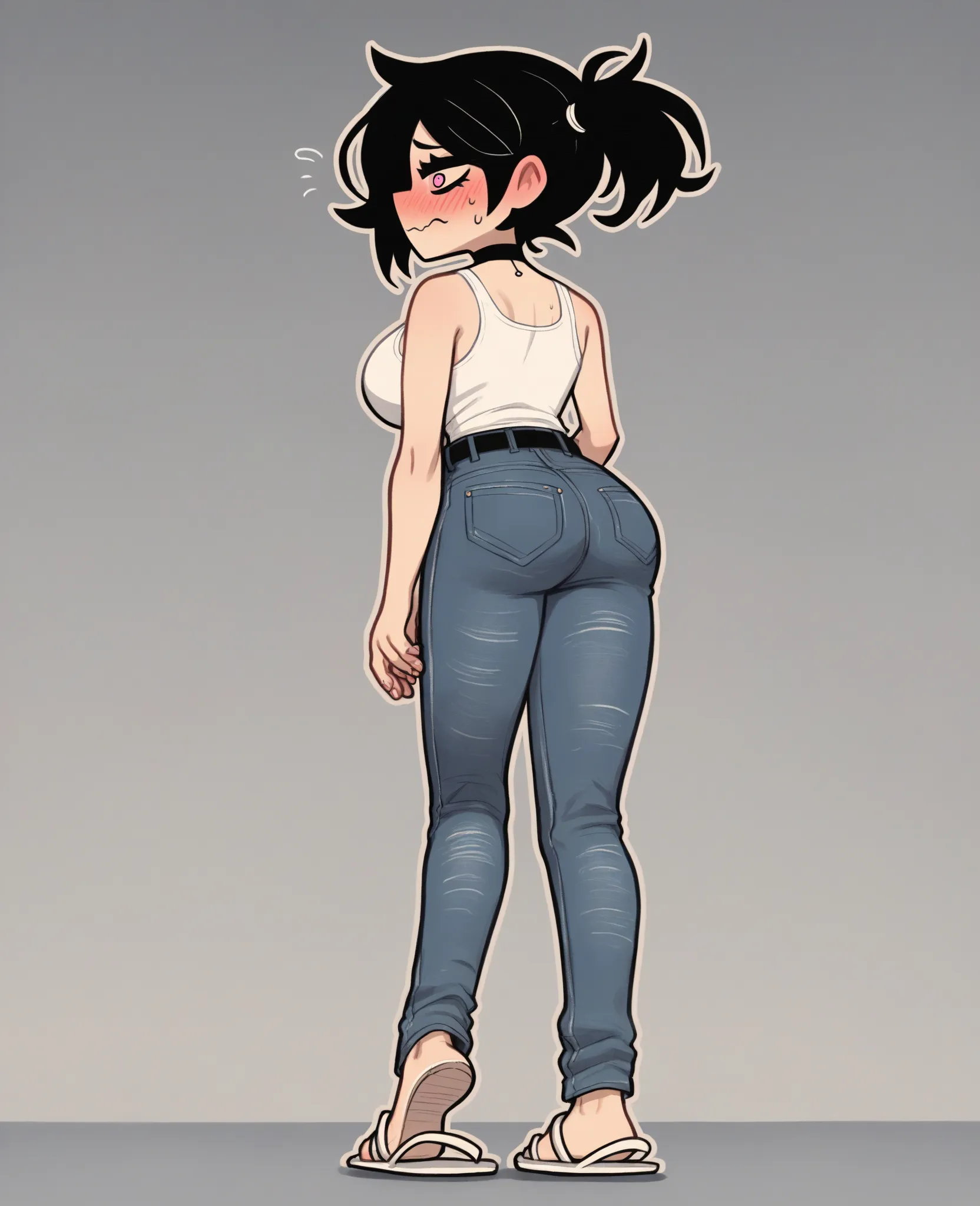 score_9, score_8_up, score_7_up, outline, BREAK
1girl, ashleygr, black hair, ponytail, pink eyes, choker,big breasts boobs,tight thicc jeans,(((white Flip flops))),black belt,(((White mini fitted tank top))),showing ass, behind back view,walking,shy embarr...