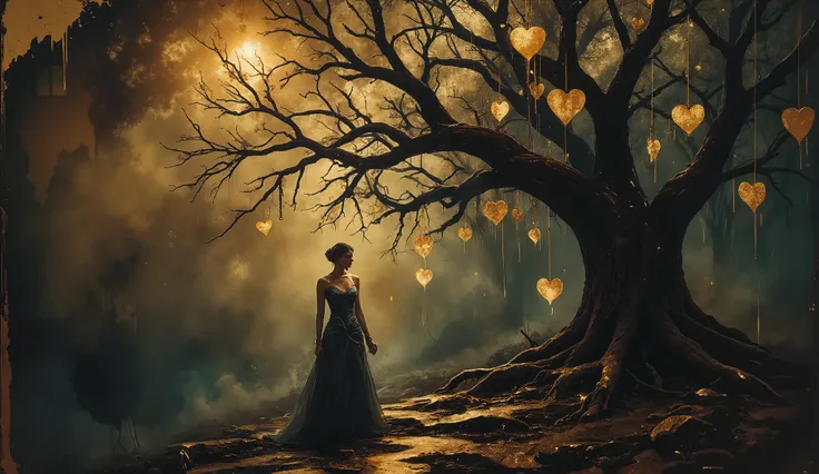 a solitary figure dressed in a flowing black gown, standing underneath a gnarled, leafless tree. The tree is adorned with numerous golden, heart-shaped ornaments that hang delicately from its branches, creating a striking visual contrast against the dark b...