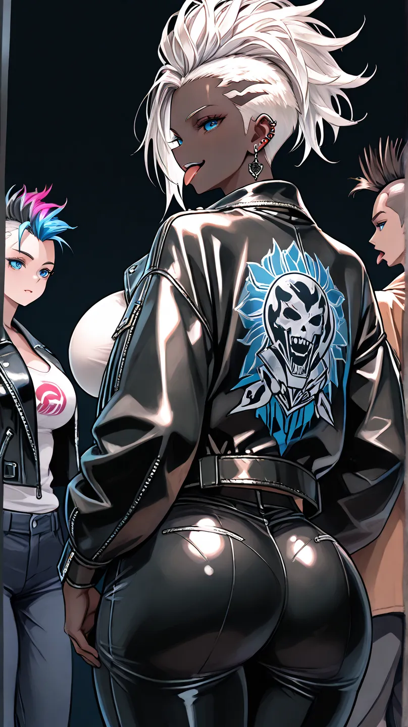  Black woman, dark chocolate colored skin,  white hair,  blue eyes, mohawk hair, leather jacket, toys, piercing,  big jacket, big boobs,  pants on the back, looking at the spectator, Sorriso Rebelde , tongue out,  simple background,  Dark background