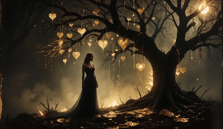 a solitary figure dressed in a flowing black gown, standing underneath a gnarled, leafless tree. The tree is adorned with numerous golden, heart-shaped ornaments that hang delicately from its branches, creating a striking visual contrast against the dark b...