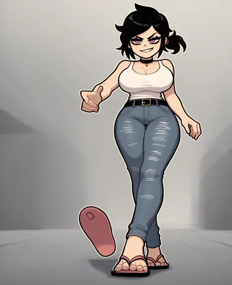 score_9, score_8_up, score_7_up, outline, BREAK
1girl, ashleygr, black hair, ponytail, pink eyes, choker,(((big breasts boobs))),tight thicc jeans,(((white Flip flops))),black belt,(((White mini fitted tank top))),walking,bottom down view,POV, front of you...