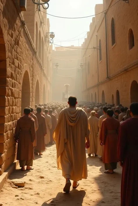 "A first-person perspective of a person walking through the ancient streets of Jerusalem during the time of Jesus. Dusty roads, stone buildings, people dressed in traditional robes and sandals. The crowd is gathered around a man preaching in the distance. ...