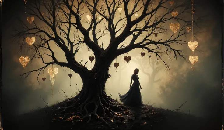 a solitary figure dressed in a flowing black gown, standing underneath a gnarled, leafless tree. The tree is adorned with numerous golden, heart-shaped ornaments that hang delicately from its branches, creating a striking visual contrast against the dark b...