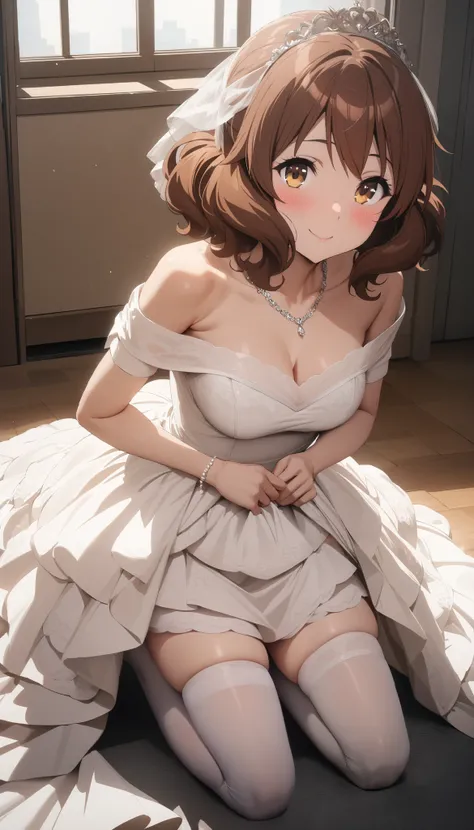 masterpiece, best quality, ultra detailed, highres,4k, 1girl, solo, oumaekumiko, brown hair, brown eyes, blush, smile, layered wedding dress, off the shoulder, necklace, jewelry, kneeling, white thigh highs