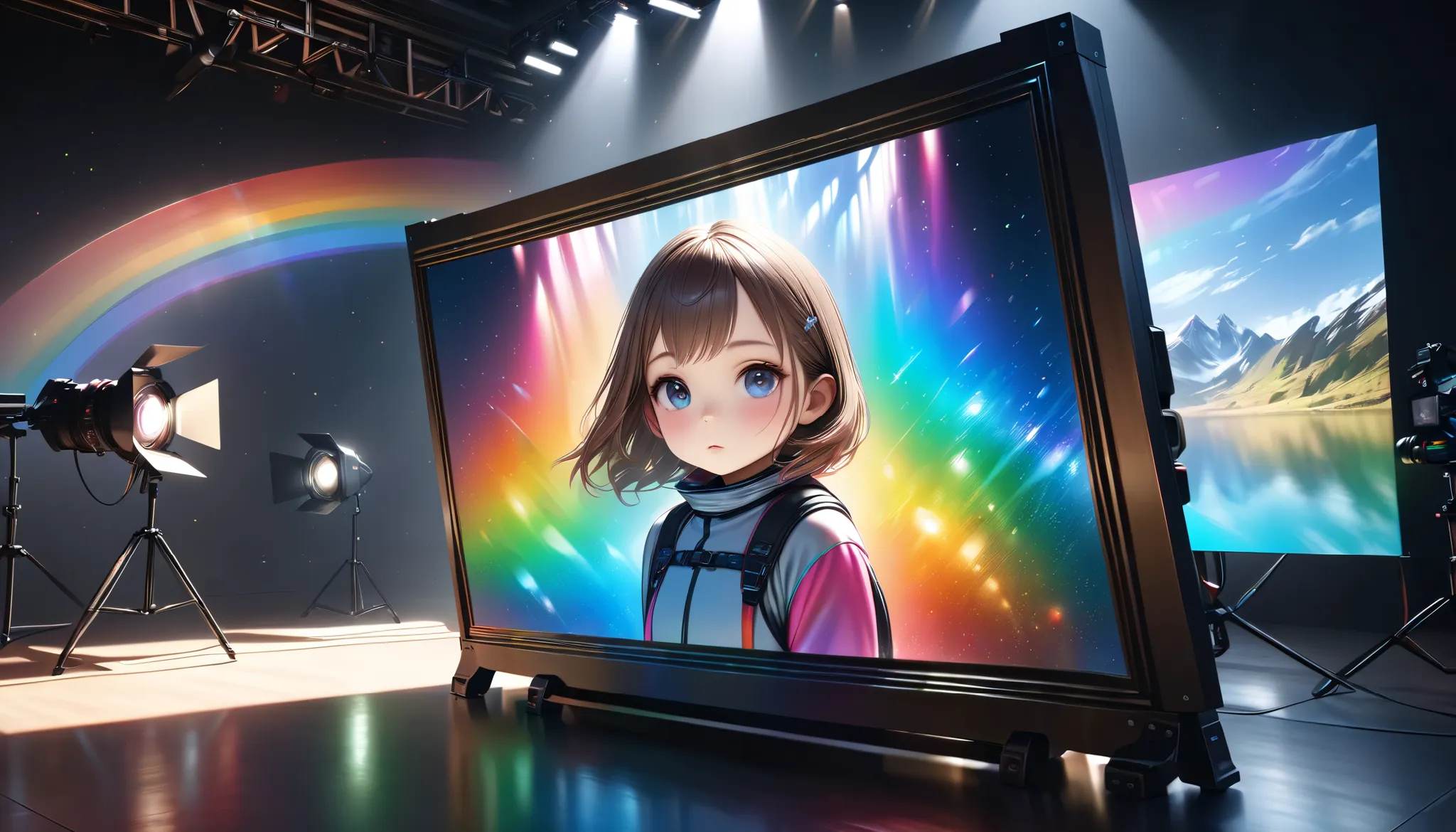 dolshy, a female, Alone, Dolshy, holographic background , transparent and colorful rainbow, maximum number of colors that can be output, black background, realistic, photorealistic, photo-realistic:1.37, 4k, 8k, HDR, UHD, studio lighting, ultra-fine painti...