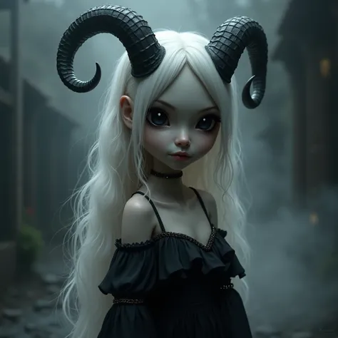 dark, demon girl with big 2 horns, creepy style, mystical, nice perfect face with soft skin, young beautiful girl portrait, grey smoke, mist, night, long hair, white hair, from side, black eyes, dress