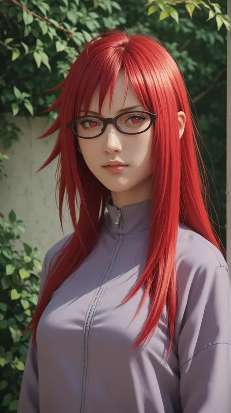 1girl, solo, Karin Uzumaki, black glasses, red eyes, red hair, long hair, sidelocks, medium breasts, purple jacket, (portrait, upper body), outdoors