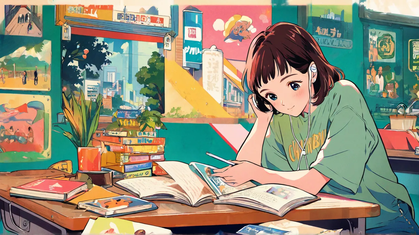 Ghibli-like animated woman with earphones, desk, reading, Ghibli-like illustration, city pop