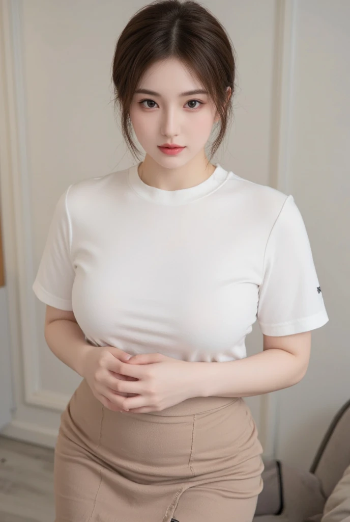 Full-body portrait of a female student in a fitted A-line skirt and a short-sleeved white shirt, her hair styled in an elegant updo. She is not looking directly at the camera but appears lost in thought with a natural, contemplative expression. Her figure ...