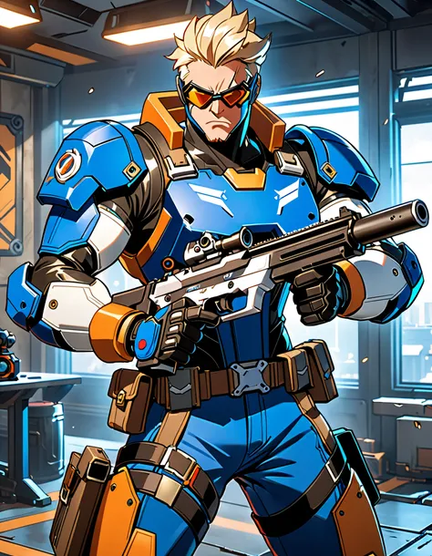 a close up of a person holding a gun in a room, soldier 7 6 from overwatch, trigger anime artstyle, character art the contra, badass anime 8 k, baptiste from overwatch, guilty gear strive splash art, epic comic book style, style of duelyst, hero 2 d fanart...