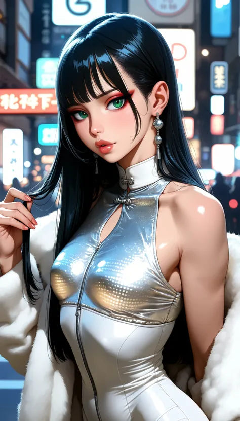 1 girl (Asian) beautiful, young,in profile,upper half of the body,(Looking at the spectator:1.2),green eyes,Seductive Look,dressed in sequins, bare shoulders,Elegant earrings ,Elegant collar,black and long and straight hair, loose hair, slim body, Natural ...